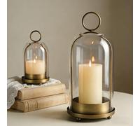 Sziqiqi Hurricane Candle Holders for Pillar: Vintage Brass Candle Lantern with Glass Dome for Living Room - Set of 2 Metal Large Lanterns with Chain for Table Centrepiece Fireplace Outdoor
