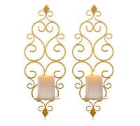 Sziqiqi Iron Wall Candle Sconce Holder Set of 2 Hanging Wall Mounted Pillar Candle Sconces Holder, Wall Sconces Decor for Bedroom Dining Room Living Room Bathroom, Gold
