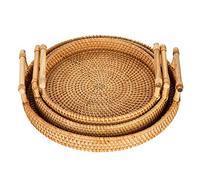 Sziqiqi Rattan Serving Tray with Handles Set of 3 Hand Woven Wicker Tray Rattan Tray Rustic Decorative Tray for Breakfast, Drinks, Snack, Bread for Coffee Table Bar Dinner Parties Kitchen Organizer