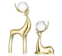 Sziqiqi Reindeer Sculptures Animal Figurine Statues Set of 2, Brass Deer with Crystal Ball Stag Ornaments for Living Room Bedroom Office Table Mantel Christmas Decoration, Gold