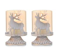 Sziqiqi Vintage Antique Metal Pillar Candle Holders Set of 2, Distressed Hurricane Candlestick Candle Holders Prefer Centerpieces for Christmas Table Mantle Fireplace Decoration, Deer