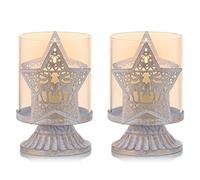 Sziqiqi Vintage Antique Metal Pillar Candle Holders Set of 2, Distressed Hurricane Candlestick Candle Holders Prefer Centerpieces for Christmas Table Mantle Fireplace Decoration, Star
