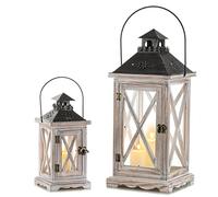 Sziqiqi Vintage Distressed Wood Metal Decorative Lantern Set of 2 - 28cm & 48cm Table & Hanging Lantern for Rustic Shabby Wedding Centerpiece - Indoor & Outdoor Decor