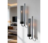 Sziqiqi Wall Candle Holders Black: Metal Candle Sconce with Smoked Glass for Living Room Decor - Set of 2 Modern Wall Sconces with Glass Cylinder for Outdoor Bedroom