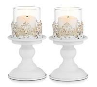 Sziqiqi White Candle Holder for Pillar Candle - Distressed Candlestick Holder Metal Hurricane Candle Holders for Birthday Easter Wedding Engagement Baby Shower Christmas Table Centrepieces Decoration