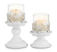 Sziqiqi White Pillar Candle Holders, with Hurricane Glass, 2 Sizes Set