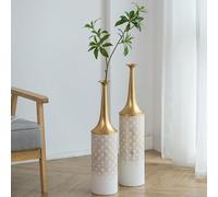Sziqiqi White Tall Floor Vase Set - 66/60cm Extra Large Standing Floor Vases Big Rustic Flowers Vase for Pampas Grass Feathers Twigs Metal Narrow Neck Vase for Living Room Bedroom Table Decoration