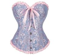 SZIVYSHI Women's Overbust Sweetheart Lace Up Plastic Bones Corset Bustier Top (Blue and Pink, XL)