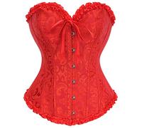SZIVYSHI Women's Overbust Sweetheart Lace Up Plastic Bones Corset Bustier Top (Red, L)