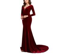 SZJMS Women's Deep V-Neck Velvet Prom Dresses Long Mermaid Court Train Evening Party Gown with Long Sleeves SZPD02, Burgundy, 20
