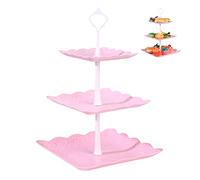 SZJYG 3 Tiers Cake Display Stand, Pink Afternoon Tea Stands, Plastic Square Cup Cake Fruit Dessert Party Server Plates Stands, Reusable Food Serving Platter Stand for Birthday, Wedding, Party