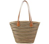 SZKCXBDB Straw bag Large Beach - Hand Woven Tote With Zipper Pocket Lightweight Summer Shoulder For Travel, Work, Shopping-black And Brown Stripes