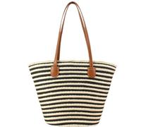 SZKCXBDB Straw bag Large Beach - Hand Woven Tote With Zipper Pocket Lightweight Summer Shoulder For Travel, Work, Shopping-black Rice Stripes