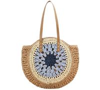 SZKCXBDB Straw bag Round Woven - Summer Beach Handmade Shoulder With Zipper, Leather Handle-blue