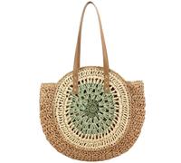 SZKCXBDB Straw bag Round Woven - Summer Beach Handmade Shoulder With Zipper, Leather Handle-green