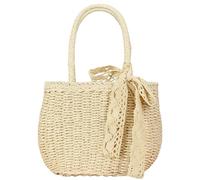 SZKCXBDB Straw bag Women's Hand-woven Small Hobo Round Handle Ring Handbag With Lace Ribbon-beige