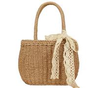 SZKCXBDB Straw bag Women's Hand-woven Small Hobo Round Handle Ring Handbag With Lace Ribbon-brown