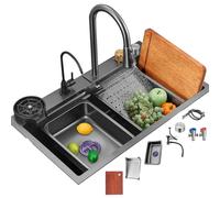 SZKTHD Kitchen Sink with Waterfall Faucet, 304 Stainless Steel, Black, 75x45cm, Undermount, Modern, Stepped, 2 Holes, Pop-Up Drain