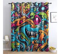 SZLYZM Graffiti Blackout Curtains, Hippie Bedroom Curtains & Living Room Curtains 90x90 Inch 2 Panels Set, Thermal Eyelet Drapes Decorative Patterned Window Treatments 90 Drop
