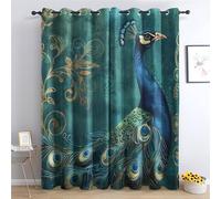 SZLYZM Peacock Blackout Curtains for Bedroom living Room, Emerald Green Curtains 46 x 54, 54 Inch Drop Curtains 2 Panels Set, Thermal Eyelet Drapes Decorative Patterned Window Treatments Q-E&1-42