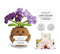 SZMDLX Crochet Forget Me Not Flowers Desk Decor Thoughtful Gift for Her | Handmade Knitted Potted Plant with Pocket Hug Coin & Encouragement Card for Teachers Mum Friend Birthday Thank You