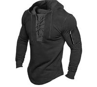 Szshaoye Gothic Steampunk Drawstring Lace Up Hoodies for Men UK Medieval Retro Distressed Mens Sweatshirts Long Sleeve Stitching Pullover with Zip Pockets(02-Black,XL)