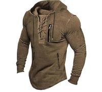 Szshaoye Gothic Steampunk Drawstring Lace Up Hoodies for Men UK Medieval Retro Distressed Mens Sweatshirts Long Sleeve Stitching Pullover with Zip Pockets(01-Brown,S)