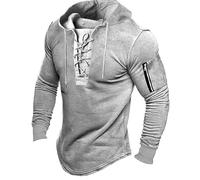Szshaoye Gothic Steampunk Drawstring Lace Up Hoodies for Men UK Medieval Retro Distressed Mens Sweatshirts Long Sleeve Stitching Pullover with Zip Pockets(02-Grey,XL)
