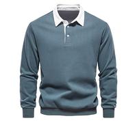 Szshaoye Men's Casual Loose Lapel Long Sleeve Thick Pullover Color Block Tennis Collared Bottom Shirt Elastic Sweater 3 Button Sweatshirt for Men Classic Plain Turn Down Collar Jumper(Blue,XL)