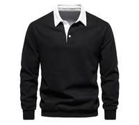 Szshaoye Men's Casual Loose Lapel Long Sleeve Thick Pullover Color Block Tennis Collared Bottom Shirt Elastic Sweater 3 Button Sweatshirt for Men Classic Plain Turn Down Collar Jumper(Black,L)