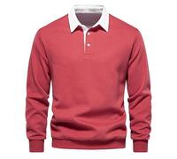 Szshaoye Men's Casual Loose Lapel Long Sleeve Thick Pullover Color Block Tennis Collared Bottom Shirt Elastic Sweater 3 Button Sweatshirt for Men Classic Plain Turn Down Collar Jumper(Red,M)