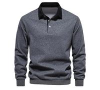 Szshaoye Men's Casual Loose Lapel Long Sleeve Thick Pullover Color Block Tennis Collared Bottom Shirt Elastic Sweater 3 Button Sweatshirt for Men Classic Plain Turn Down Collar Jumper(Dark Gray,XXL)