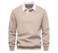 Szshaoye Men's Casual Loose Lapel Long Sleeve Thick Pullover Color Block Tennis Collared Bottom Shirt Elastic Sweater 3 Button Sweatshirt for Men Classic Plain Turn Down Collar Jumper(Khaki,XXL)