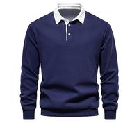 Szshaoye Men's Casual Loose Lapel Long Sleeve Thick Pullover Color Block Tennis Collared Bottom Shirt Elastic Sweater 3 Button Sweatshirt for Men Classic Plain Turn Down Collar Jumper(Navy,XL)