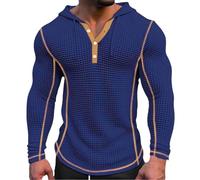 Szshaoye Mens Waffle Henley T Shirts with Drawstring Hood Muscle Fit Long Sleeve Button Hoodies for Men UK Casual Fashion Athletic Workout Sweatshirt(02-Navy,L)