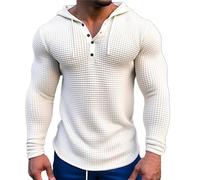 Szshaoye Mens Waffle Henley T Shirts with Drawstring Hood Muscle Fit Long Sleeve Button Hoodies for Men UK Casual Fashion Athletic Workout Sweatshirt(White,3XL)