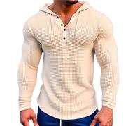 Szshaoye Mens Waffle Henley T Shirts with Drawstring Hood Muscle Fit Long Sleeve Button Hoodies for Men UK Casual Fashion Athletic Workout Sweatshirt(Beige,XL)