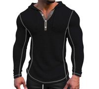 Szshaoye Mens Waffle Henley T Shirts with Drawstring Hood Muscle Fit Long Sleeve Button Hoodies for Men UK Casual Fashion Athletic Workout Sweatshirt(02-Black,L)
