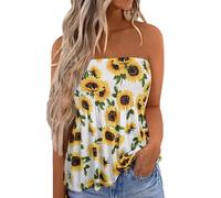 SZSMFZ Womens Smocked Strapless Bandeau Tank Tops Floral Tube Tops Backless Bandeau Tunic Tops Sleeveless Shirts, 1-sunflower, L