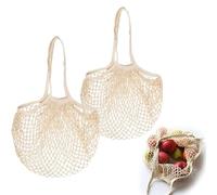 Sztqqing Pack of 2 Shopping Bag, Mesh Bag, Sand Toy, Reusable Mesh Bag Made of Organic Cotton with Long Handle for Beach, Fruit and Vegetables (Beige)