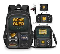 SZWNHS Boys Backpack with Lunch Box Set, 4 PCS Gamer School Bookbag for Boys, Gray Gaming Elementary Backpack, Large Laptop Backpack for Kids & Teens