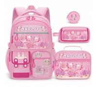SZWNHS Capybara Backpack for Girls, 4 PCS Capybara Backpack with Lunch Box, Cute Bookbag for Elementary School Kids & Teens, Axolotl, L, Kids Backpack