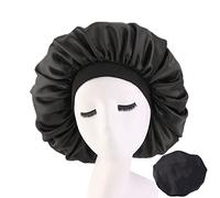 SZXMDKH Large Silky Satin Bonnet with Wide Elastic Band, Soft Sleeping Cap Night Hat Big Hair Bonnets Head Cover for Women Curly Natural Long Hair (Black), 42cm