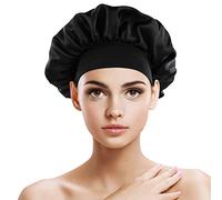 SZXMDKH Satin Bonnet Sleep Cap, 1 PCS Sleeping Head Cover for Curly Hair, Silk Hat Soft Night Cap with Wide Elastic Band for Women Girl Hair Protection (Black)