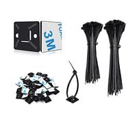 SZXULI 200Pcs Black Cable Ties Set, 100Pcs Nylon Plastic Zip Ties 120mm/150mm and 100Pcs Strong Self Adhesive Wire Clips Mount Base, Desk Cable Management Organiser Kit for Bedroom Office