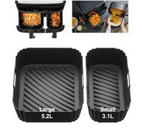 Szyeequoo Silicone Air Fryer Liners for Tefal 8.3L, 5.2L + 3.1L Split-Sized Pair, 1 Large + 1 Small Reusable Air Fryer Liners for Lakeland 8L, Tower T17099 and Salter EK5729
