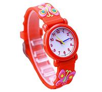 SZYUSAN Girls Wrtstwatch Colorful 3D Butterfly Rubber Analog Clock Learn Time Todder Children's Gift (Red)