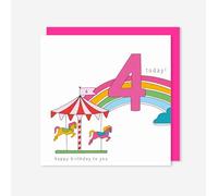 t’art designs - Birthday Cards for Kids - Carousel with Horses - 4 Today - Birthday Card with Bright Pink Envelope - Printed in the UK - 150mm x 150mm