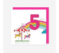 t’art designs - Birthday Cards for Kids - Carousel with Horses - 5 Today - Birthday Card with Bright Pink Envelope - Printed in the UK - 150mm x 150mm