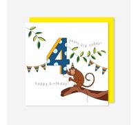 t’art designs - Birthday Cards for Kids - Cheeky Monkey - Happy Birthday - 4 Years Old Today! Childrens Birthday Card with Bright Yellow Envelope - Printed in the UK - 150mm x 150mm